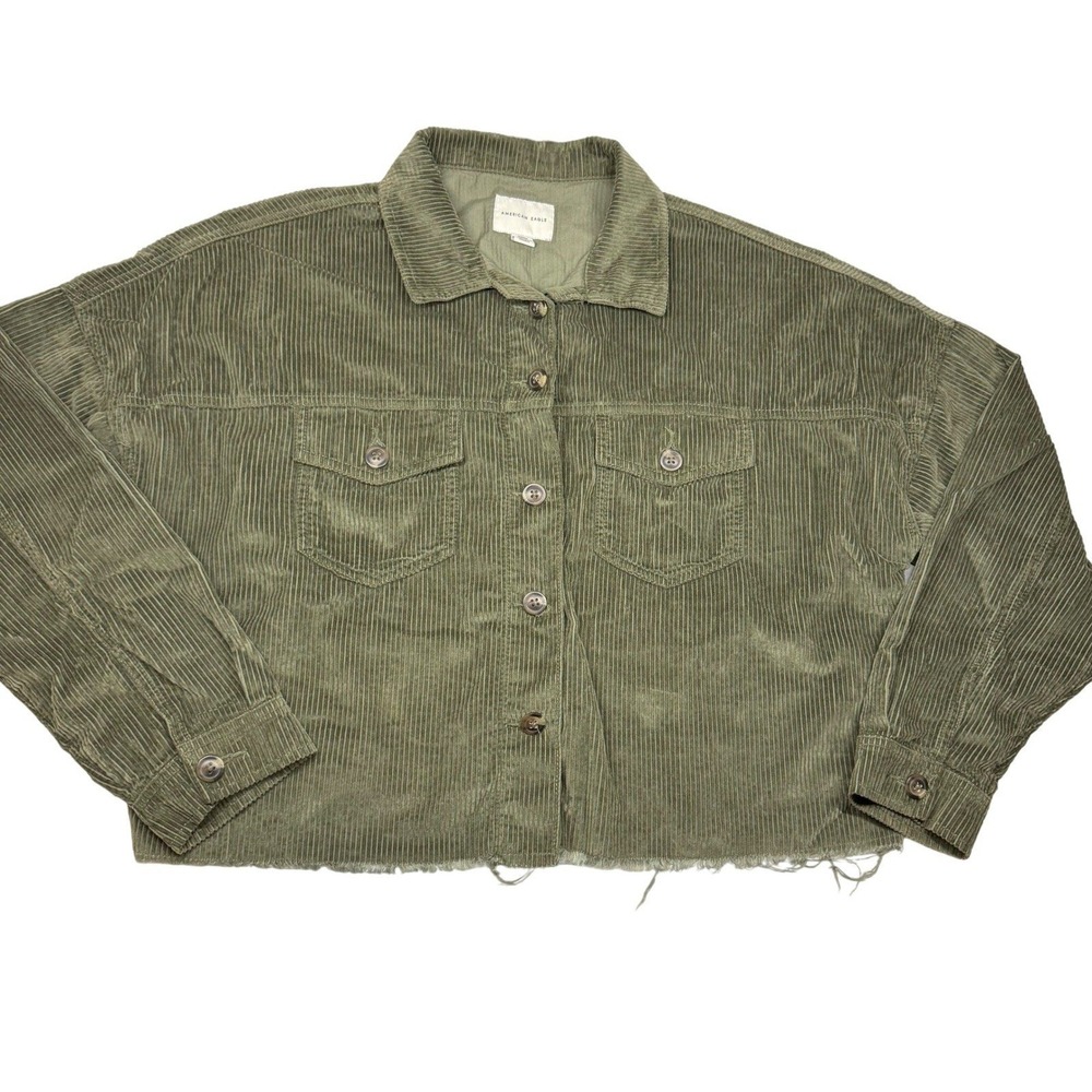 American Eagle Corduroy Cropped Shacket Olive Green Womens Medium Frayed Hem - Picture 2 of 10